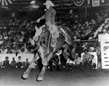 Vick Blackstone riding bronco at rodeo