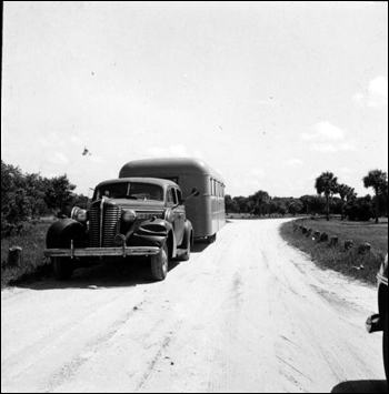 View of trailer parked near entrance to the Myakka River State Park: Sarasota, Florida (1947)