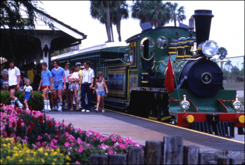 View showing visitors leaving train at the Busch Gardens amusement park in Tampa, Florida (after 1971)