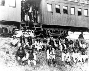 Geronimo and fellow Apache Indian prisoners on their way to Florida by train (1886)
