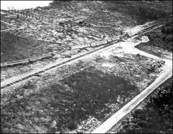 Aerial view of a train swept off its tracks by a hurricane: Florida Keys, Florida (1935)