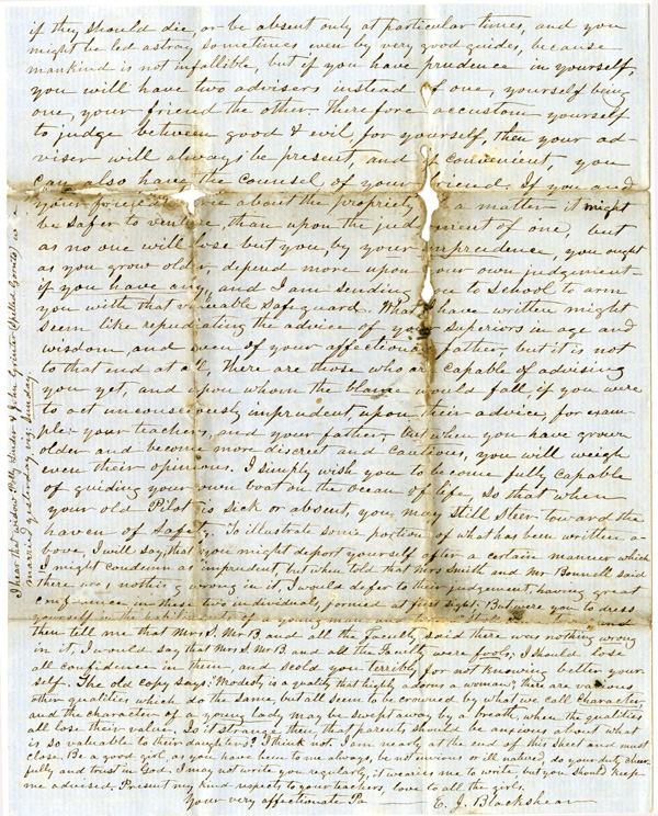 Letter of October 13, 1861, from E. J. Blackshear to My Dear Daughter