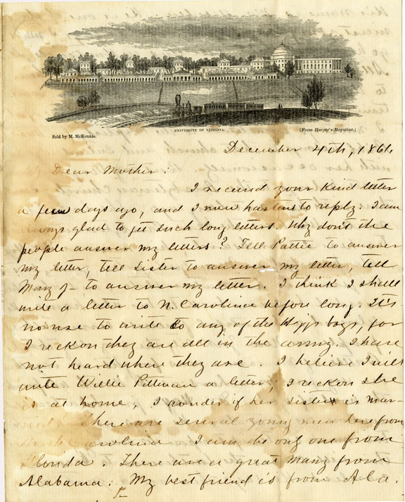 Letter of December 4, 1861, from J. D. Pittman to Dear Mother 