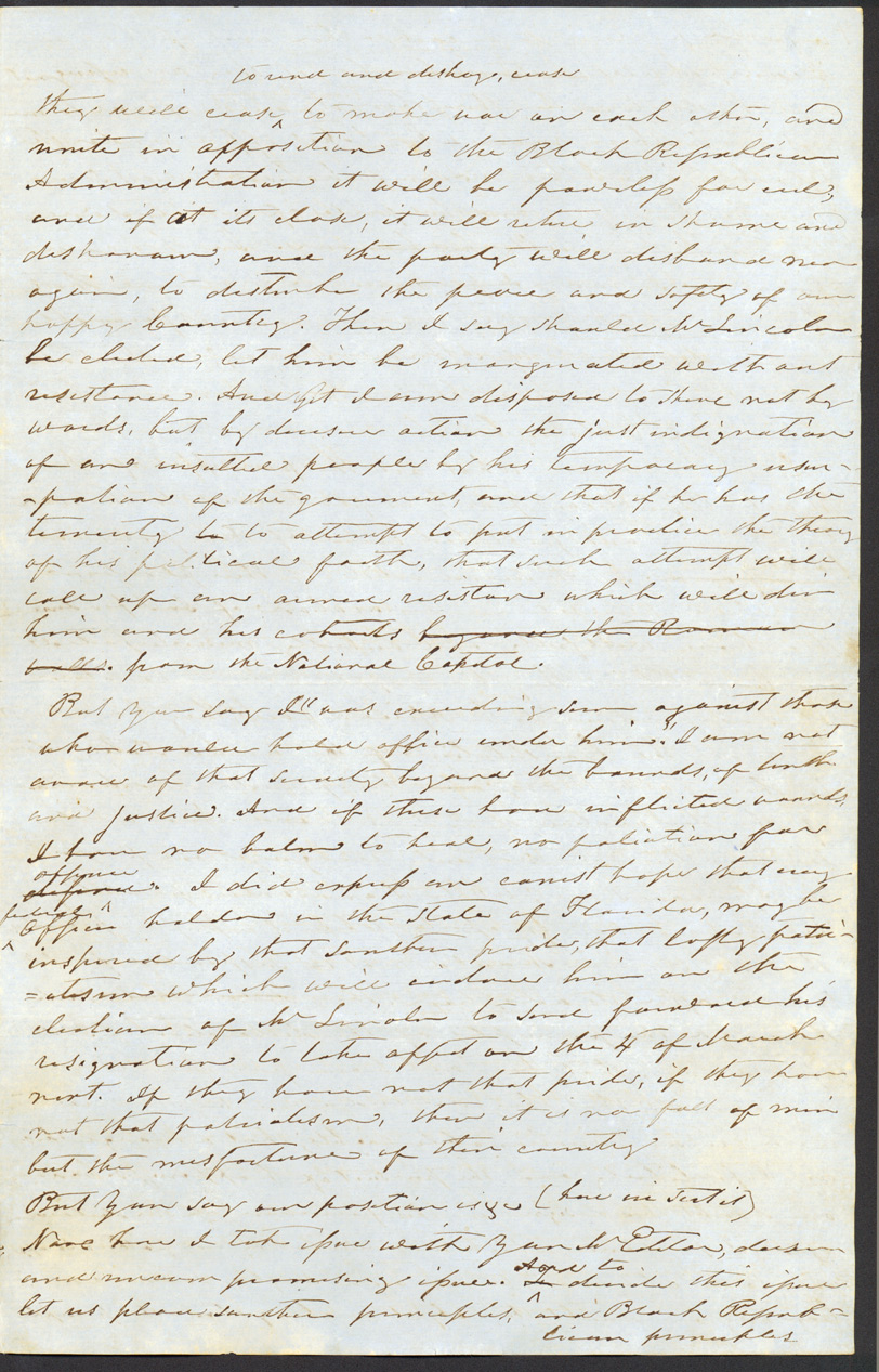 Draft of Letter, November 1, 1860, Richard K. Call, Lake Jackson, to Mr. Hart