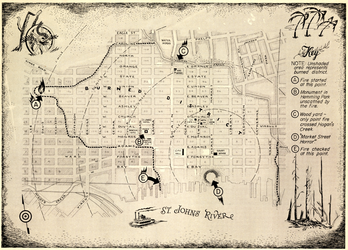 Map showing the path of the Great Jacksonville Fire of 1901. Reprinted in Carolina Rawls, The Jacksonville Story: A Pictorial Record of a Florida City (1950).