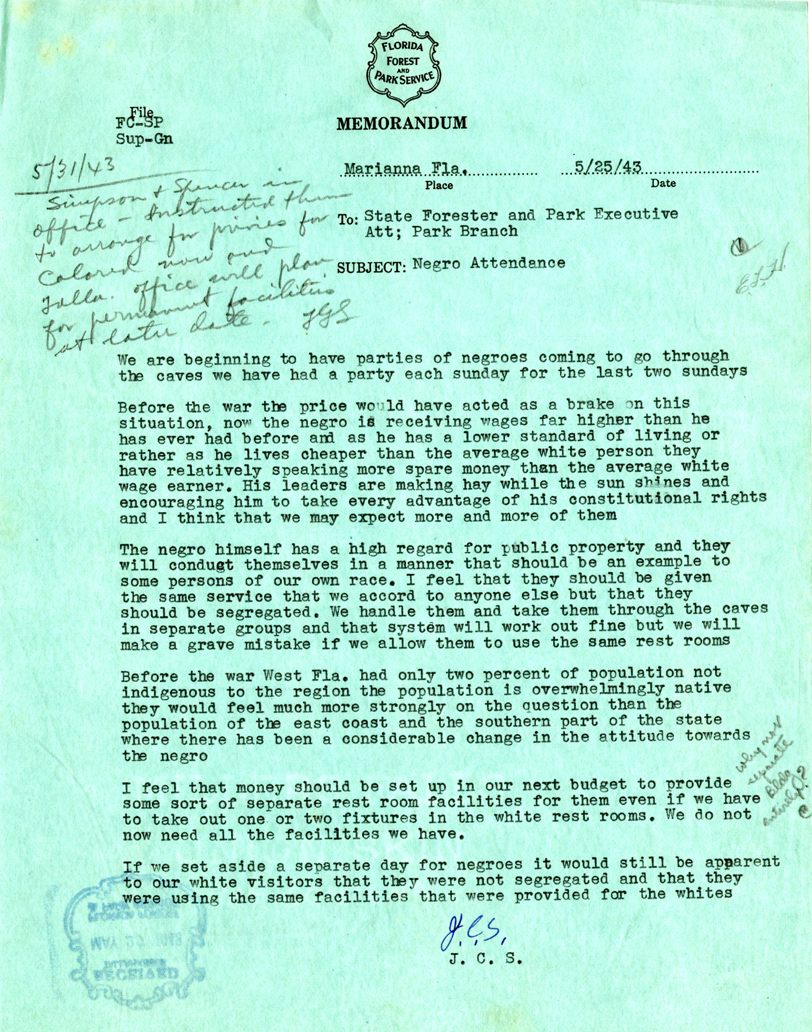 Letter dated May 25, 1943 from Superintendent of Florida Caverns, J. Clarence Simpson to FPS Director Lewis Scoggin regarding segregated bathroom facilities. Florida State Parks project files (S. 1270), Box 1, State Archives of Florida.