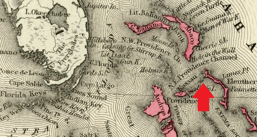 Excerpt from Colton's Map of the West Indies (1855), showing the location of the Bahamas in relation to Florida. The approximate location of Current Island is indicated by the red arrow. Click or tap the image to view a zoomable version of the complete map.