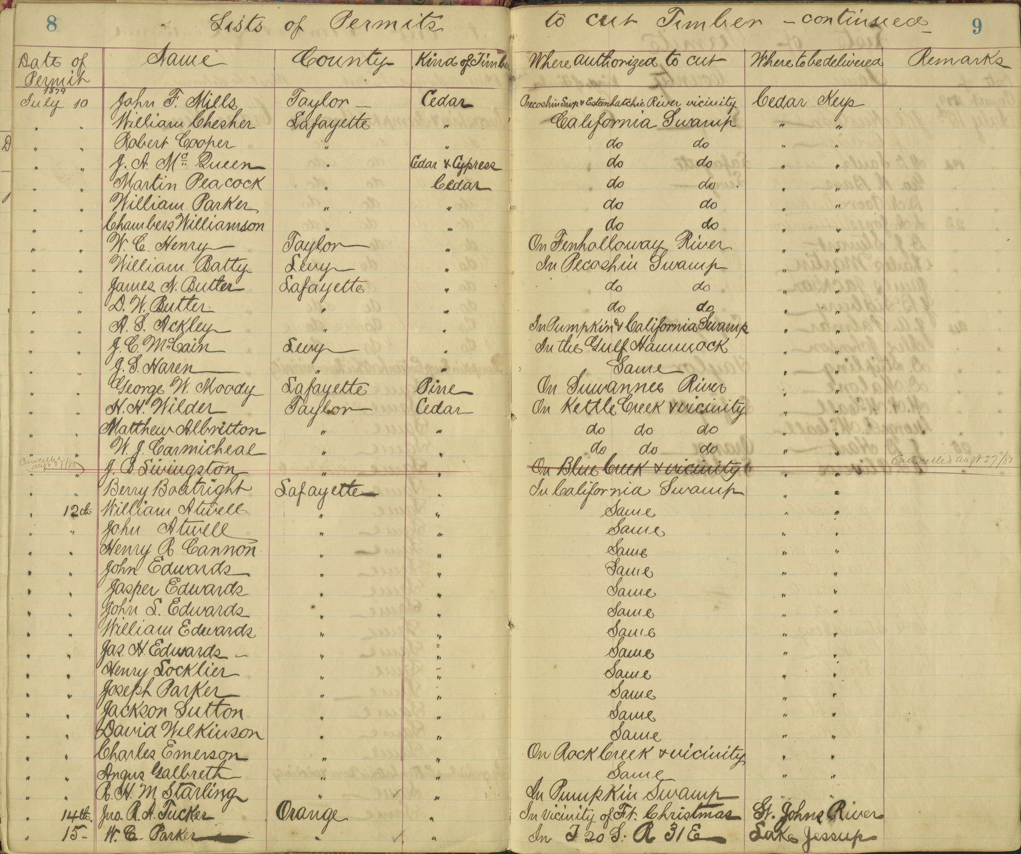 Example page from a register of timber permits (Series 1814, State Archives of Florida). Click or tap the image to view the entire book.