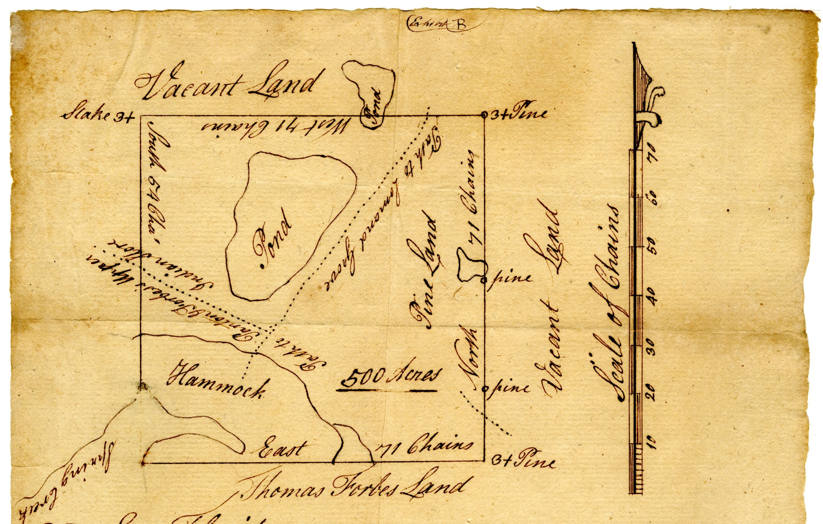 Excerpt of a 1779 survey plat depicting a plot of land near Spring Garden granted to William Panton by the British government. Box 32, Folder 23, Confirmed Spanish Land Grants (Series S990), State Archives of Florida. Click or tap the image to view the full map and the entire land grant dossier.