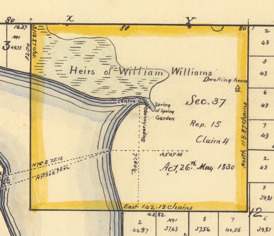 Excerpt of a survey plat showing the location of a sugar mill and dwelling on the property surrounding Spring Garden, later De Leon Springs. The plat was reproduced sometime in the early 20th century from the 1836 original. Box 65, Township Survey Plats (Series S617), State Archives of Florida. Click or tap the image to view the complete map.
