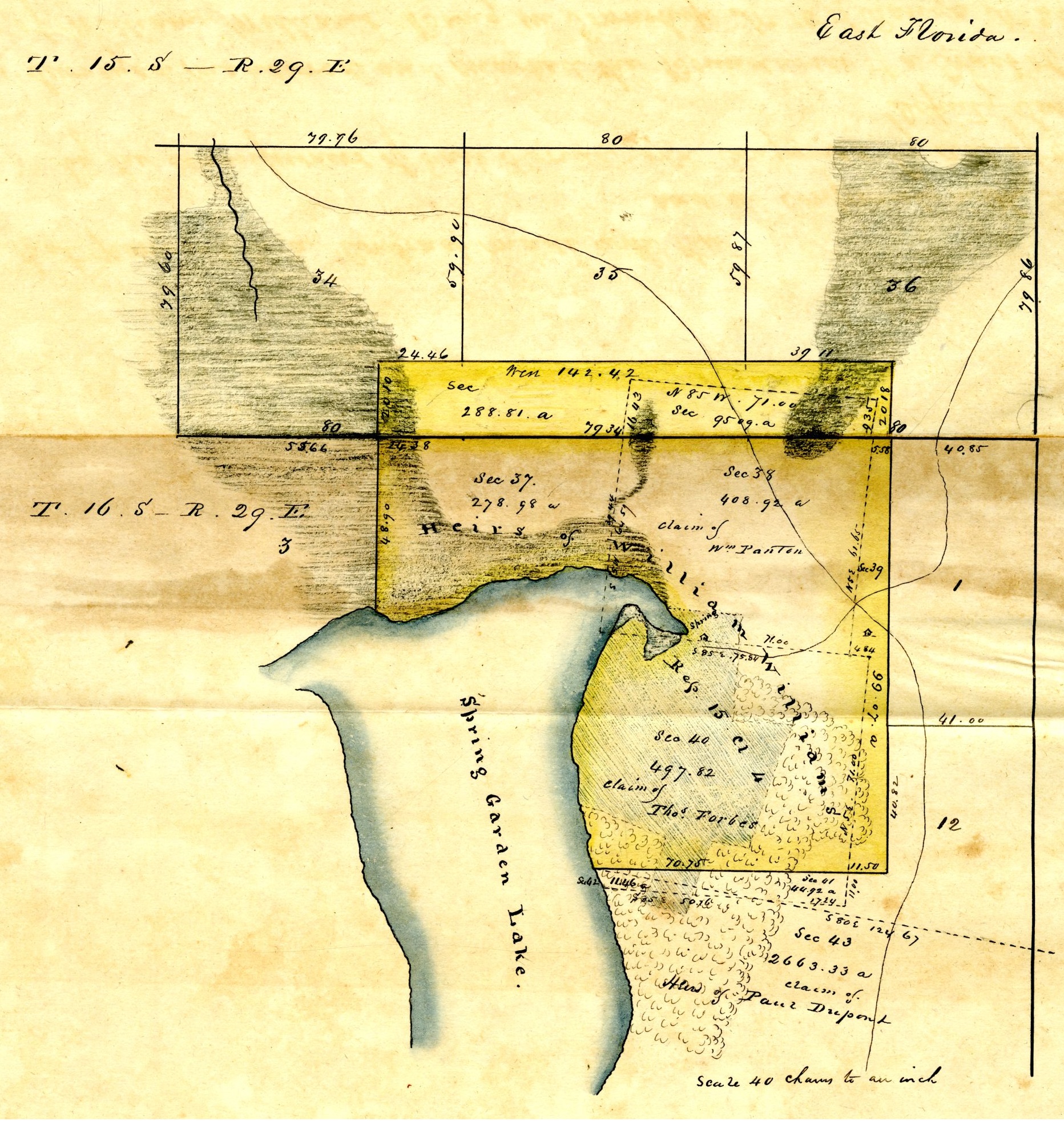 Excerpt of an undated survey plat showing the overlapping land claims of William Williams, William Panton and Thomas Forbes (ca. 1825). Box 34, Folder 7, Confirmed Spanish Land Grants (Series S990), State Archives of Florida. Click or tap the image to view the entire plat and the complete Spanish land grant dossier submitted by the heirs of William Williams.