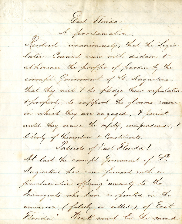 First page of the Patriot Constitution, written up by John McIntosh and other leaders of the Patriot Army for the short-lived Republic of East Florida (1812).