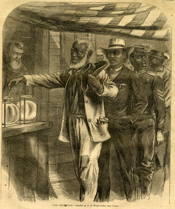 The First Vote - Drawn By A.R. Waud. from Harper's Weekly, November 16, 1867 .
