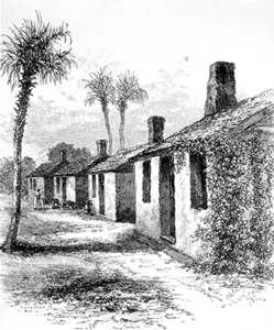 Drawing of tabby houses at the Kingsley Plantation (1878)