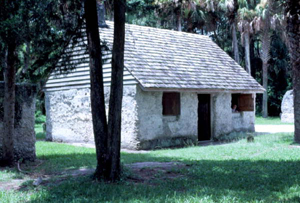Reconstructed tabby slave cabin at Kingsley Plantation State Historic Site: Fort George Island, Florida (1982)