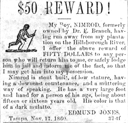 Tampa newspaper ad offering a reward for the return of Dr. Edmund Jones' slave