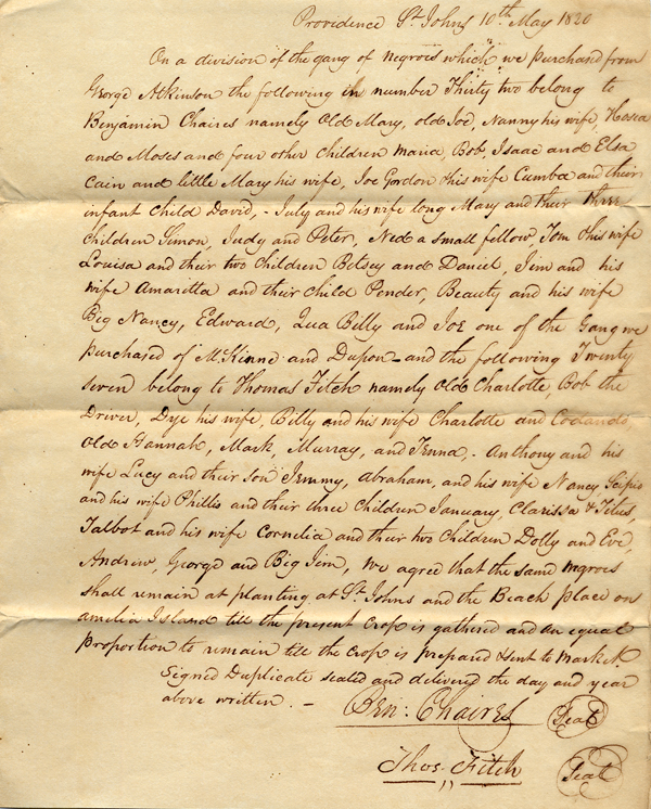 Agreement for division of Negroes purchased by Thomas Fitch and Benjamin Chaires
