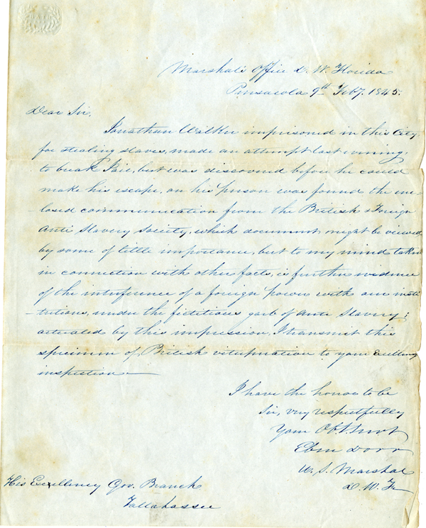 Correspondence Concerning Abolitionist Jonathan Walker 
