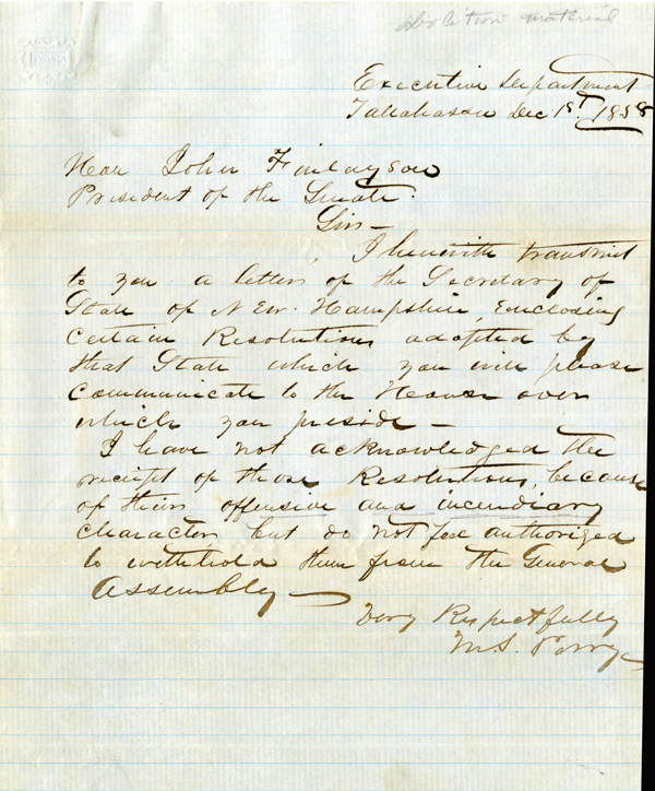 Governor Madison Starke Perry to John Finlayson, forwarding anti-slavery resolutions from the State of New Hampshire to the State of Florida, December 1, 1858 
