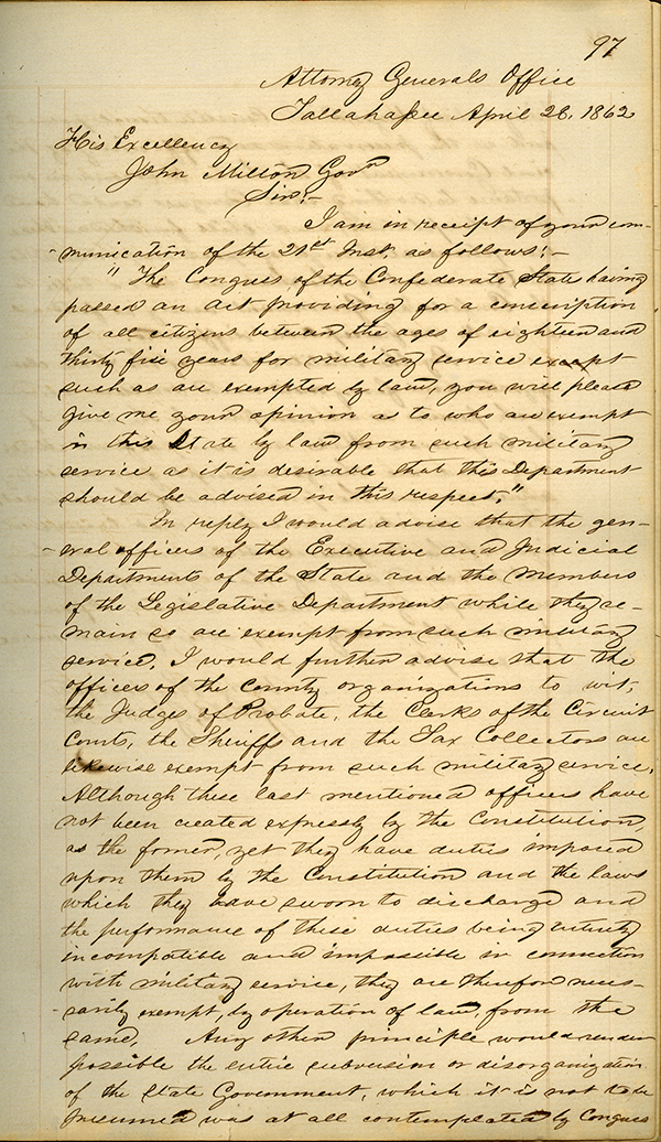 Letter from John B. Galbraith to John Milton, April 28, 1862. State Archives of Florida, Florida Attorney General Opinions, Series S632.