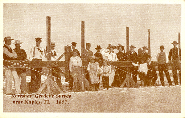 Koreshan Unity Geodetic Survey staff and onlookers with rectilineator (postcard image)