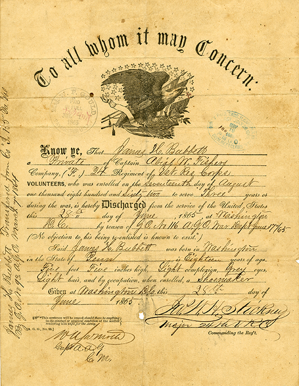 Discharge papers of James Bubbett, 1865
