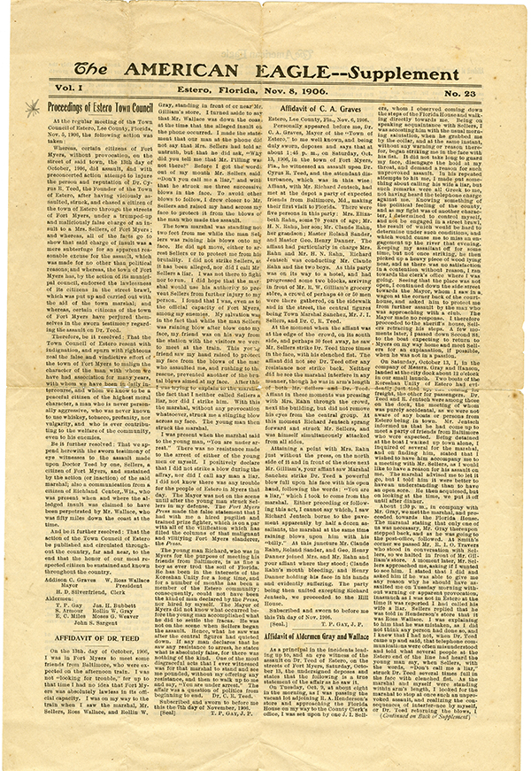 Recounting of the Ft. Myers brawl in the Unity’s newspaper, <em>The American Eagle</em>
