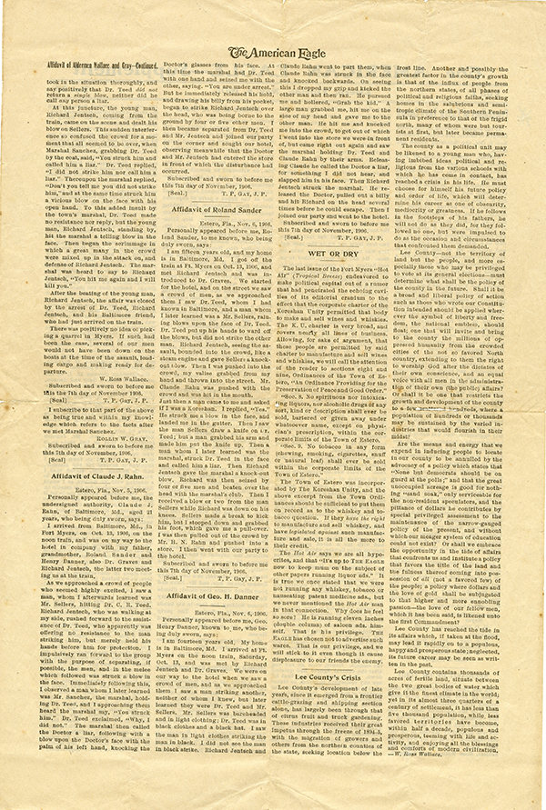 Recounting of the Ft. Myers brawl in the Unity’s newspaper, <em>The American Eagle</em>
