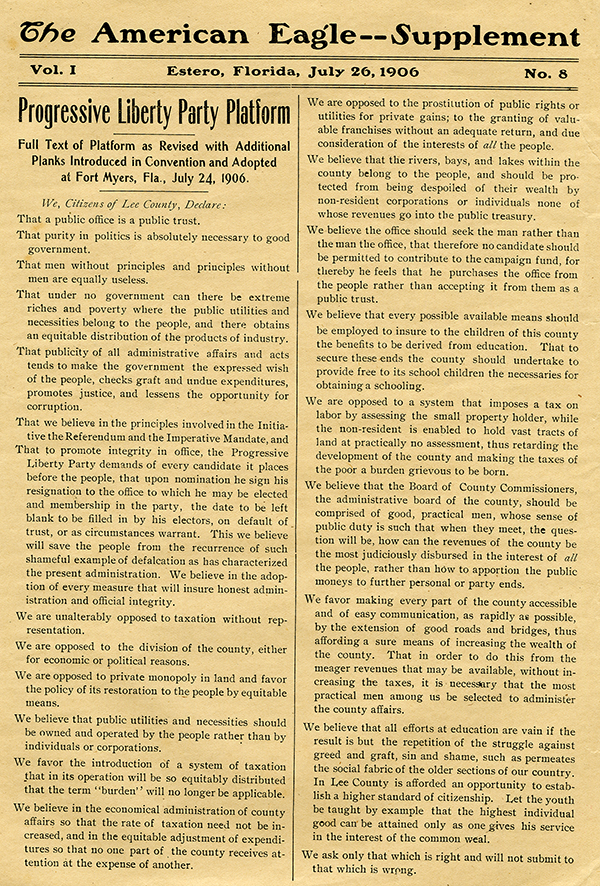 Platform of the Progressive Liberty Party, <em>American Eagle</em> (July 26, 1906)
