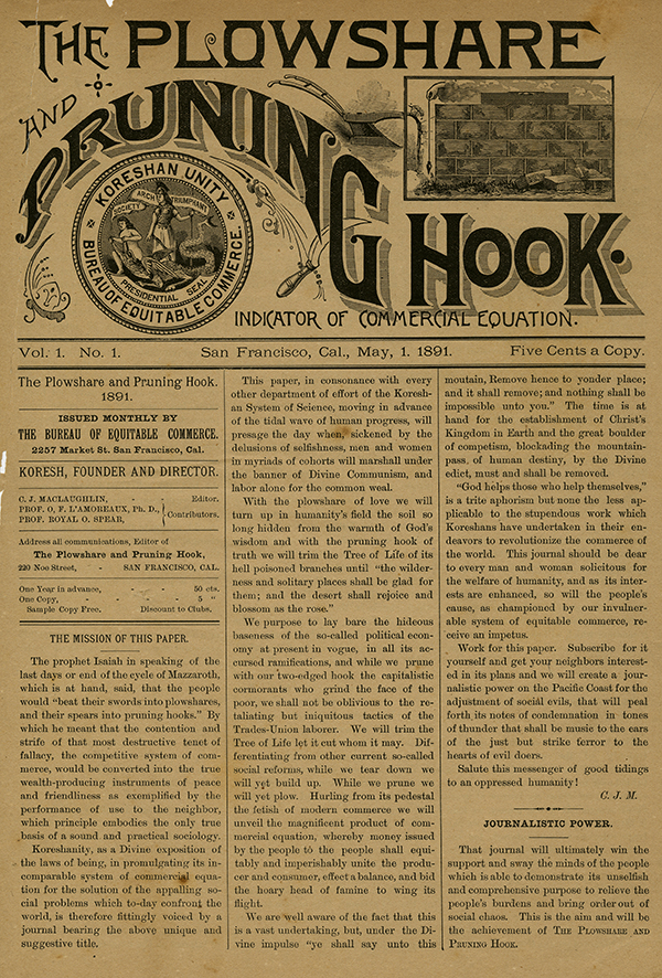 First issue of <em>The Plowshare and Pruning Hook</em>, May 1, 1891
