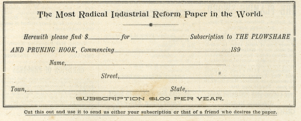 Subscription card for <em>The Plowshare and Pruning Hook</em>, 1894
