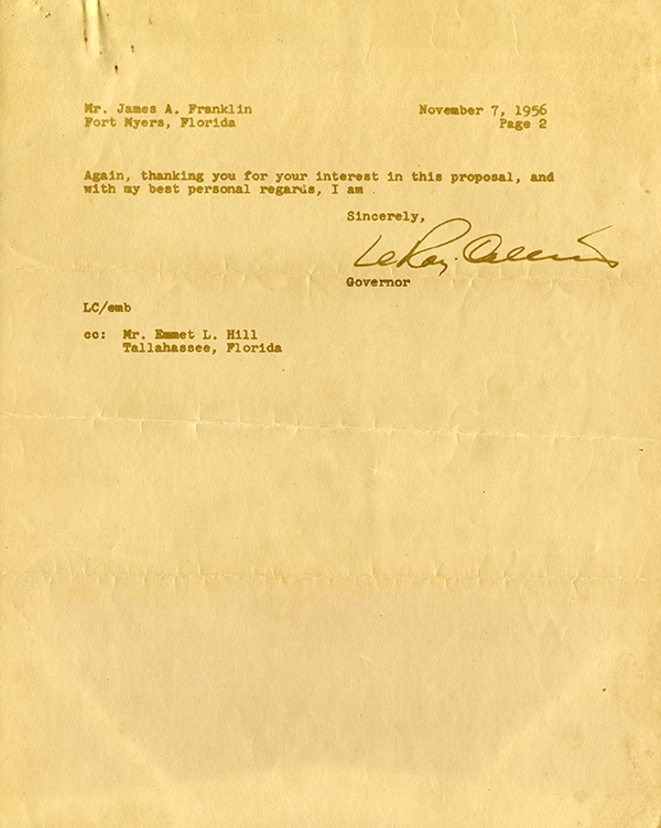 Letter from Parker Holt with attached letter from Governor Collins, 1956
