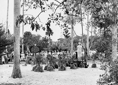 Koreshan Unity president Hedwig Michel speaking during dedication at the Koreshan State Historic Site park, 1963
