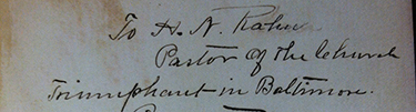 Teed’s inscription of the book to “H.N. Rahn, Pastor of the Church Triumphant in Baltimore”