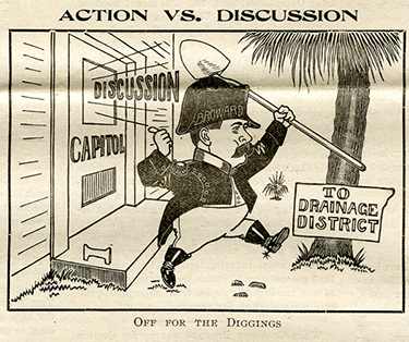 Pro-drainage political cartoon featuring Governor Napoleon Bonaparte Broward, The American Eagle, September 13, 1906