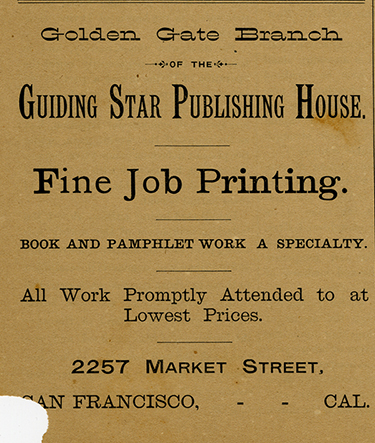 Advertisement for the Golden Gate Branch of the Guiding Star Publishing House, The Plowshare and Pruning Hook, May 1, 1891