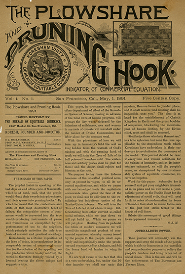 First issue of The Plowshare and Pruning Hook, May 1, 1891