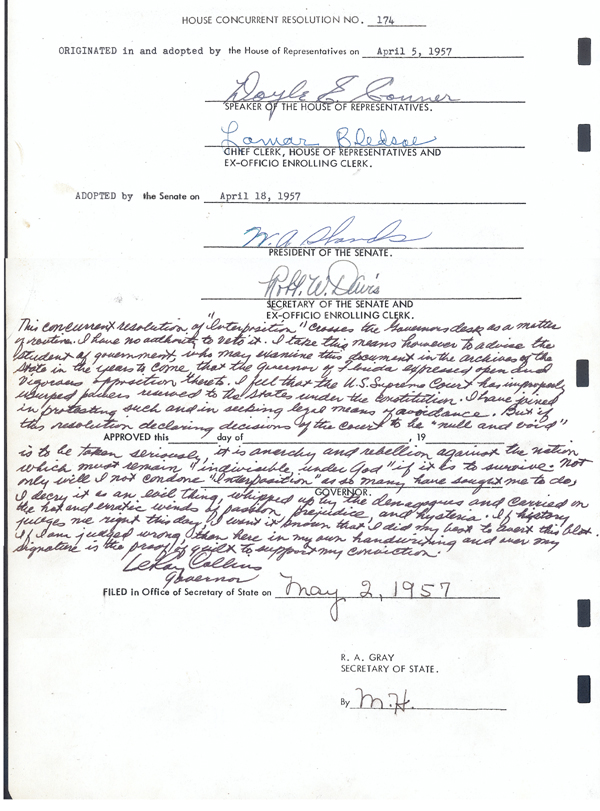 LeRoy Collins' handwritten dissent of the Interposition Resolution, signed May 2, 1957. S. 222, Acts of the Florida Legislature, State Archives of Florida.