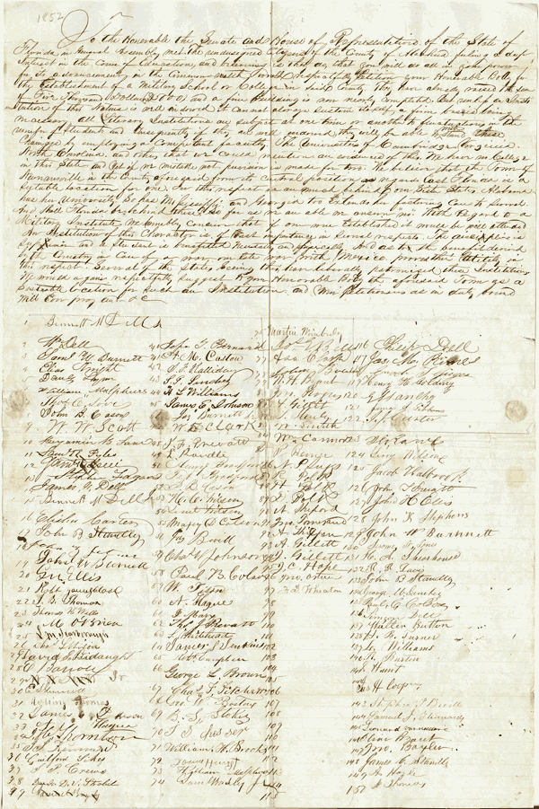 Petition to Establish the East Florida Seminary in Alachua County, ca. 1852 - Box 3, folder 55, Territorial and Early Statehood Records (Series 2153), State Archives of Florida.