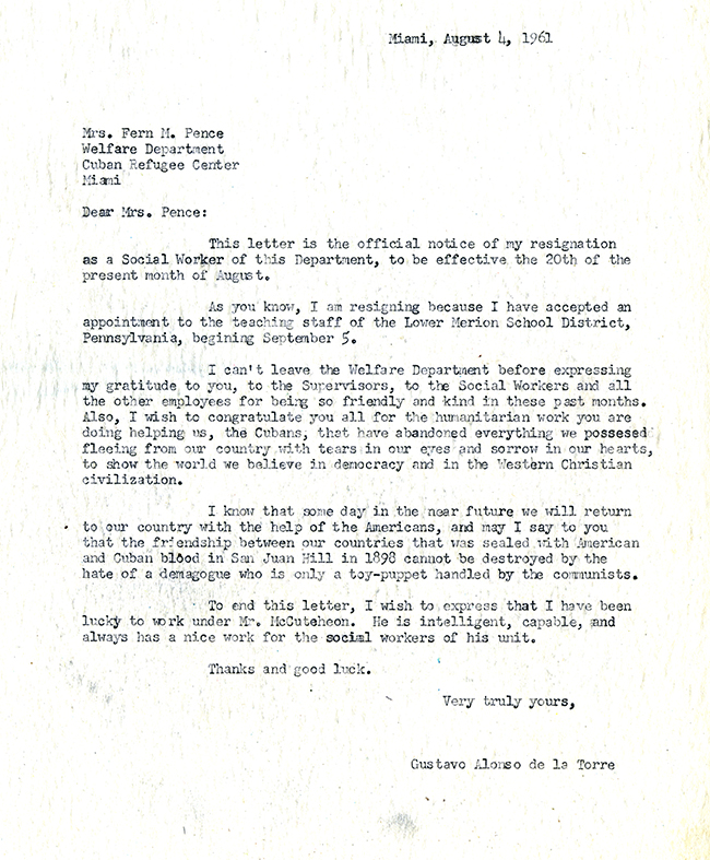 Gustavo Alonso de la Torre to Fern M. Pence, August 4, 1961