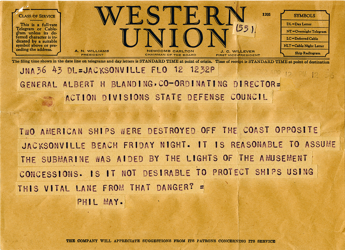 Western Union telegram regarding lights in Jacksonville.
