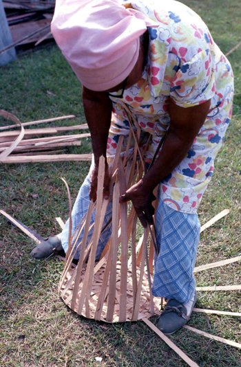 Lucreaty Clark making a white oak basket (not after 1979)