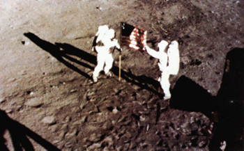 Astronaut Neil Armstrong and Buzz Aldrin erecting U.S. flag on the moon (1969)