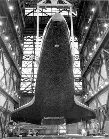 Space Shuttle Columbia preparing for completed assembly (1980)