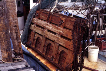 Close-up of the otter trawls that hold shrimp net open on sea floor (1986)