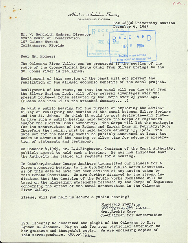 Letter from Marjorie Harris Carr to Randolph Hodges, Director of the State Board of Conservation (1965)