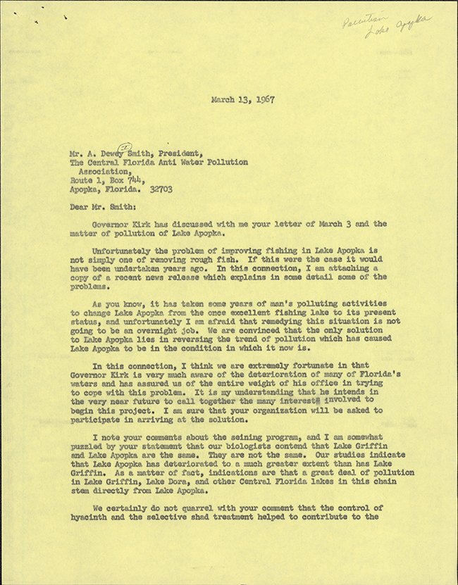 Executive Director of the Florida Game and Fresh Water Fish Commission Dr. O.E. Frye to A. Dewey Smith of the Central Florida Anti Water Pollution Association, March 13, 1967