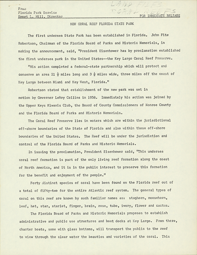 Press Release from the Florida Park Service regarding John Pennekamp State Park, circa 1960