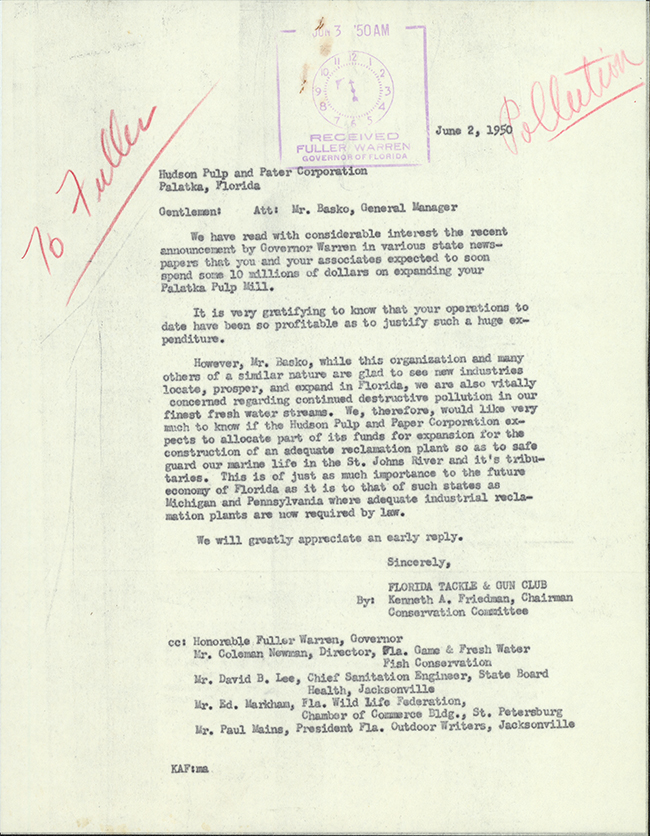 Letter from Florida Tackle and Gun Club to the Hudson Pulp and Paper Corporation