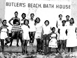 Beach-goers by the bath house at Butler Beach (1950s)